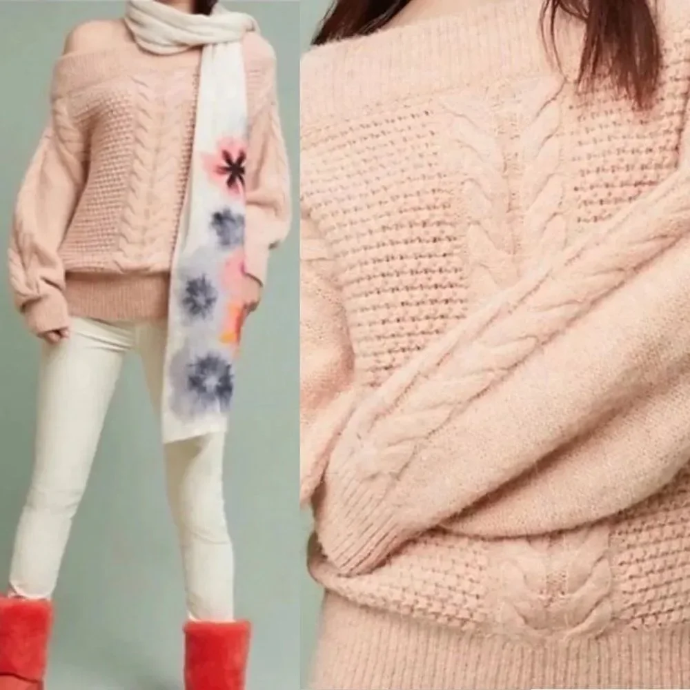 Anthropologie Sleeping On Snow Sweater Cable Knit Light Pink Cozy Coquette XS